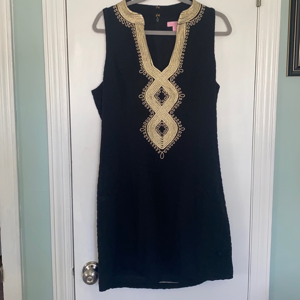 EUC Black Jersey Shift with Gold neckline